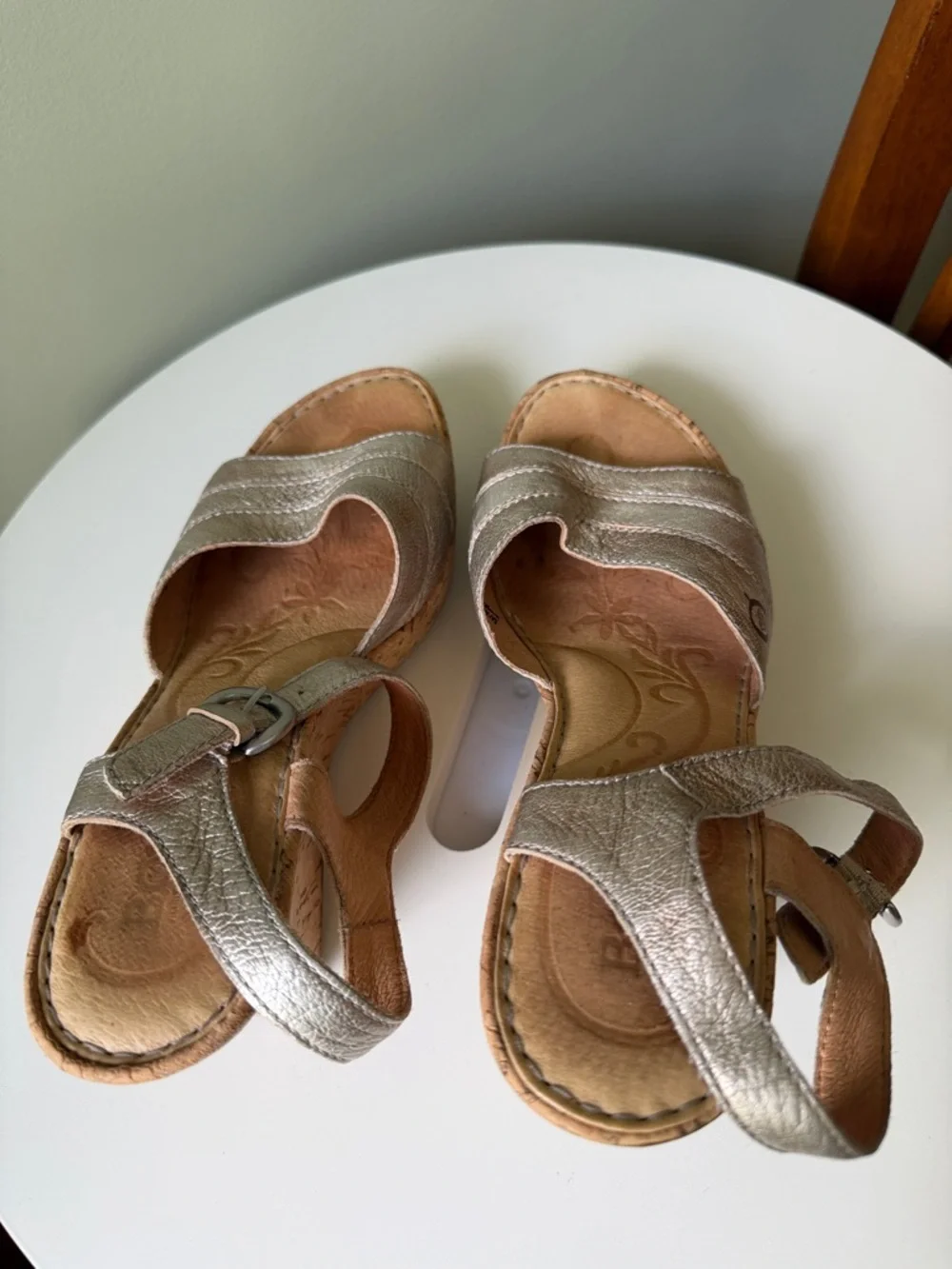 Born Metallic Leather Issa Sandals Cork Wedge Platform Sandals Heels 8/39